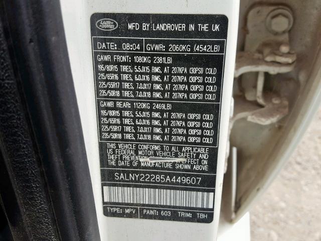 SALNY22285A449607 - 2005 LAND ROVER FREELANDER WHITE photo 10