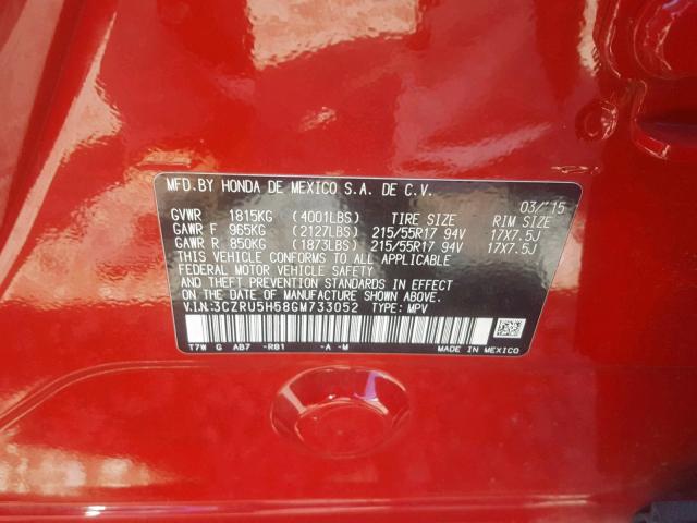 3CZRU5H58GM733052 - 2016 HONDA HR-V EX RED photo 10