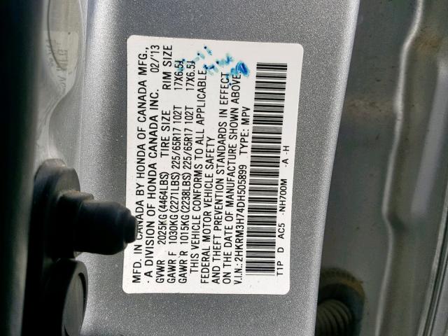 2HKRM3H74DH505899 - 2013 HONDA CR-V EXL SILVER photo 10