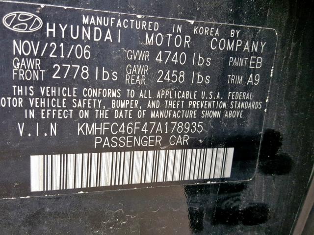 KMHFC46F47A178935 - 2007 HYUNDAI AZERA SE BLACK photo 10