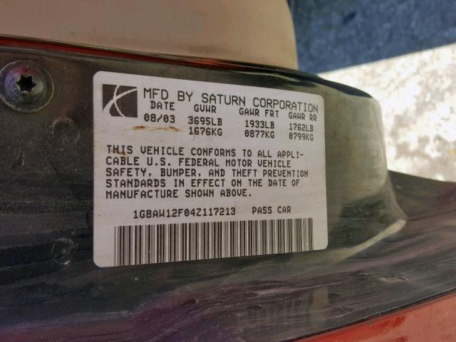 1G8AW12F04Z117213 - 2004 SATURN ION LEVEL RED photo 10