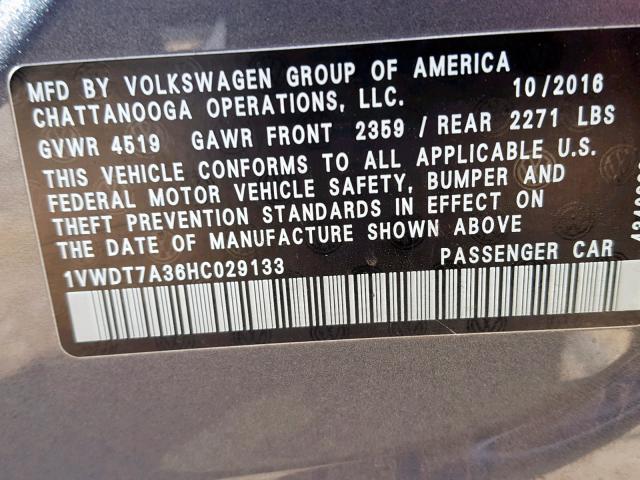 1VWDT7A36HC029133 - 2017 VOLKSWAGEN PASSAT R-L GRAY photo 10