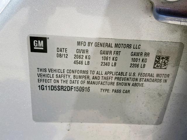1G11D5SR2DF150916 - 2013 CHEVROLET MALIBU 1LT SILVER photo 10