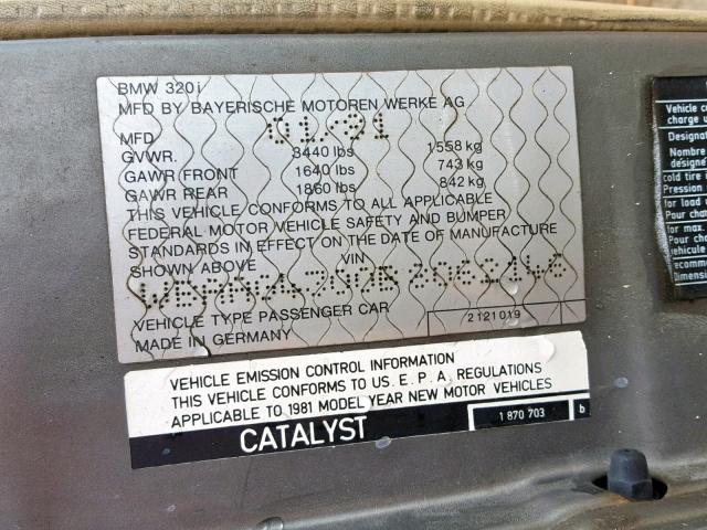 WBAAG4300B8062146 - 1981 BMW 320 I AUTO GRAY photo 10