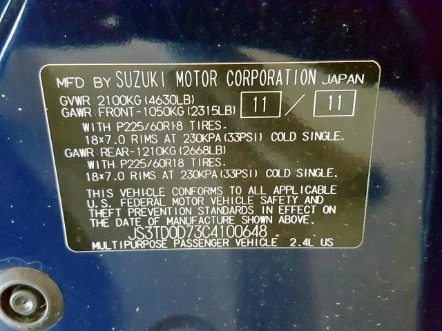 JS3TD0D73C4100648 - 2012 SUZUKI GRAND VITA BLUE photo 10