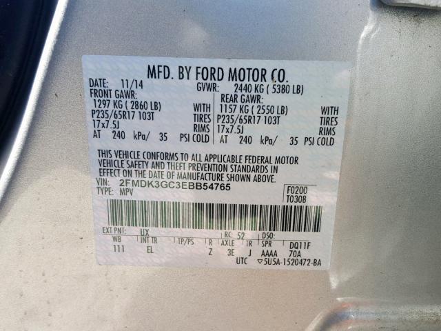 2FMDK3GC3EBB54765 - 2014 FORD EDGE SE SILVER photo 10