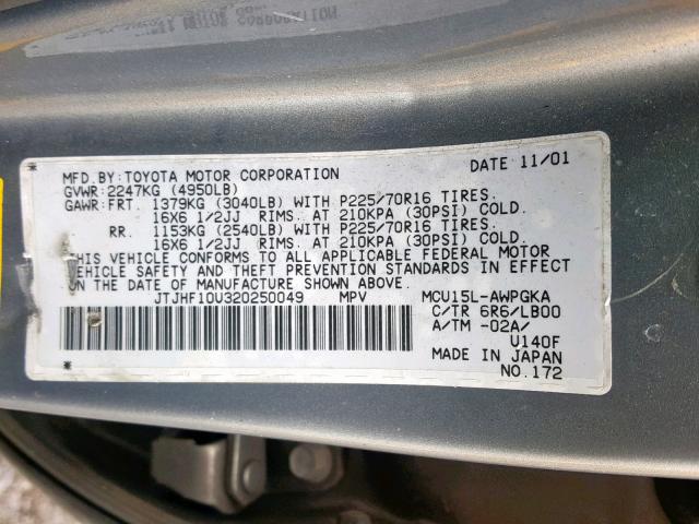 JTJHF10U320250049 - 2002 LEXUS RX 300 GRAY photo 10