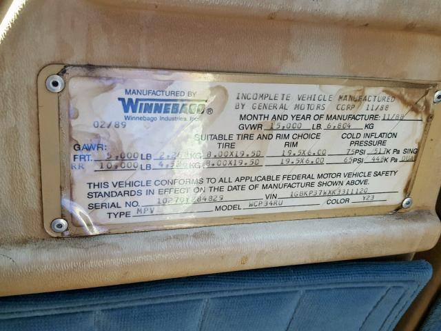 1GBKP37WXK3311120 - 1989 WNBG MOTORHOME TAN photo 10