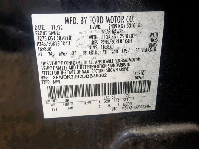 2FMDK3J92DBB38682 - 2013 FORD EDGE SEL BLACK photo 10