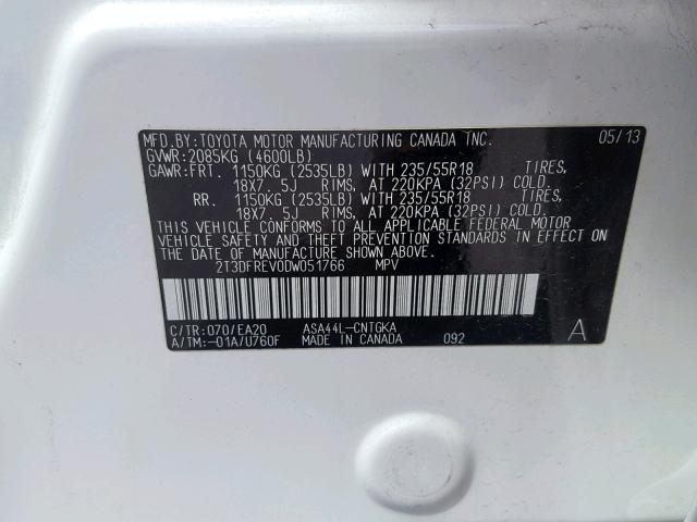 2T3DFREV0DW051766 - 2013 TOYOTA RAV4 LIMIT WHITE photo 10