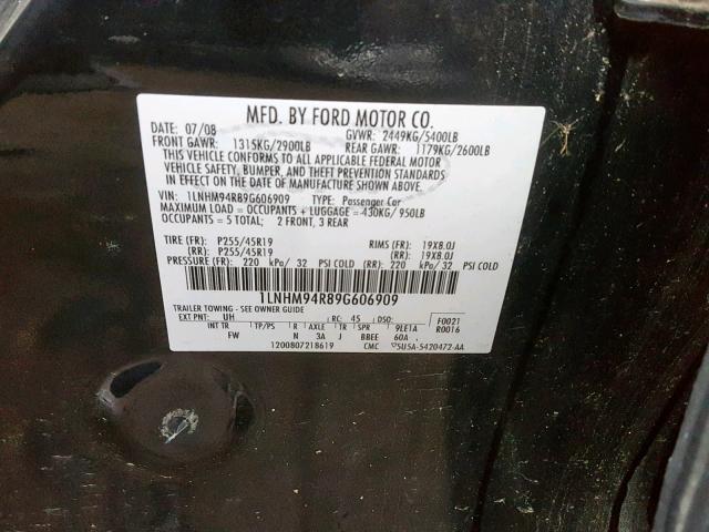 1LNHM94R89G606909 - 2009 LINCOLN MKS BLACK photo 10