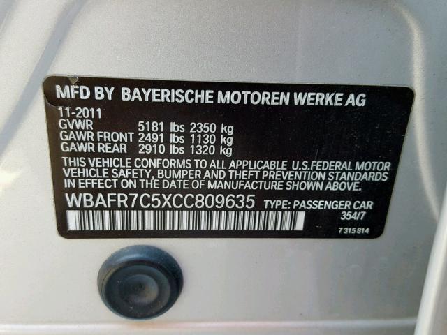 WBAFR7C5XCC809635 - 2012 BMW 535 I SILVER photo 10