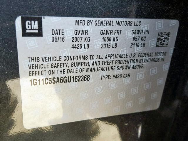 1G11C5SA6GU162368 - 2016 CHEVROLET MALIBU LIM 灰色 照片 10