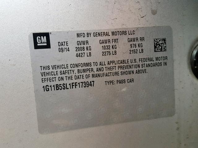 1G11B5SL1FF173947 - 2015 CHEVROLET MALIBU LS SILVER photo 10