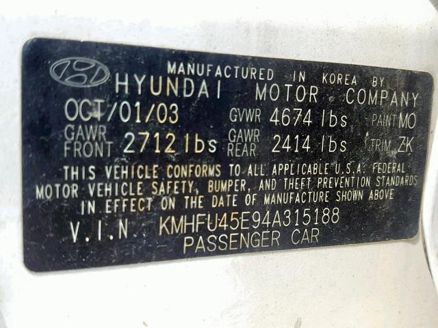 KMHFU45E94A315188 - 2004 HYUNDAI XG 350 WHITE photo 10