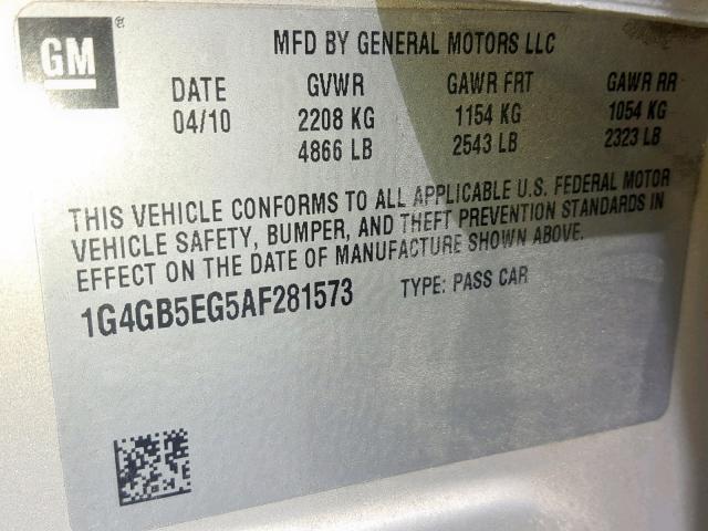 1G4GB5EG5AF281573 - 2010 BUICK LACROSSE C GOLD photo 10