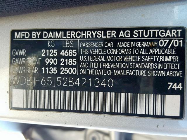 WDBJF65J52B421340 - 2002 MERCEDES-BENZ E 320 SILVER photo 10