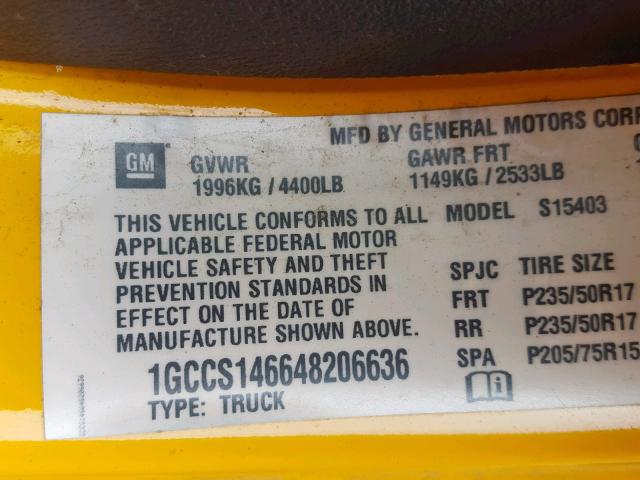 1GCCS146648206636 - 2004 CHEVROLET COLORADO YELLOW photo 10