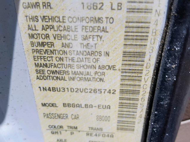 1N4BU31D2VC265742 - 1997 NISSAN ALTIMA XE WHITE photo 10