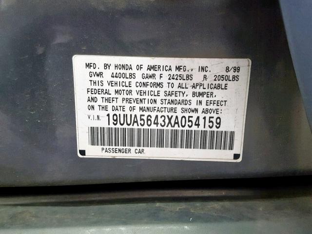 19UUA5643XA054159 - 1999 ACURA 3.2TL GRAY photo 10