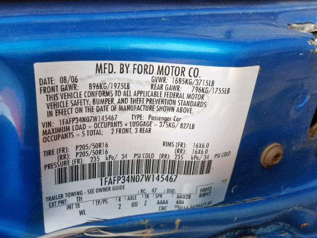 1FAFP34N07W145467 - 2007 FORD FOCUS ZX4 BLUE photo 10