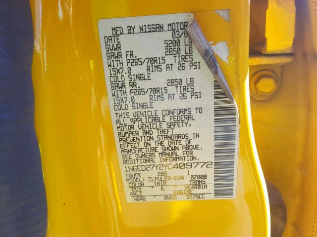 1N6ED27Y2YC409772 - 2000 NISSAN FRONTIER C YELLOW photo 10