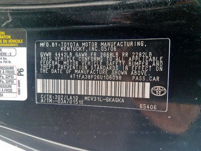 4T1FA38P26U106098 - 2006 TOYOTA CAMRY SOLARA SE  photo 10