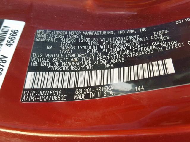 5TDKK3DC1BS015101 - 2011 TOYOTA SIENNA LE RED photo 10