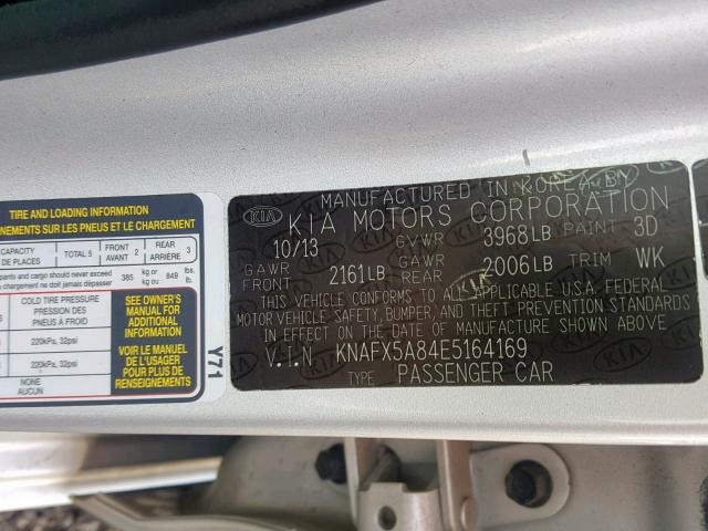 KNAFX5A84E5164169 - 2014 KIA FORTE EX SILVER photo 10