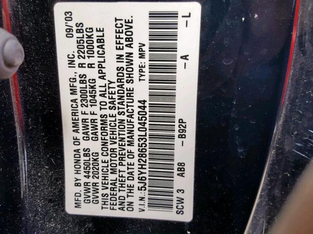 5J6YH28653L045044 - 2003 HONDA ELEMENT EX BLACK photo 10