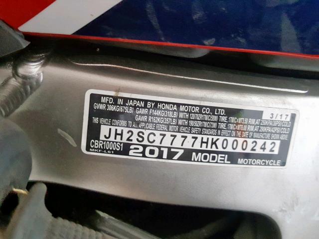 JH2SC7777HK000242 - 2017 HONDA CBR1000 SP TWO TONE photo 10