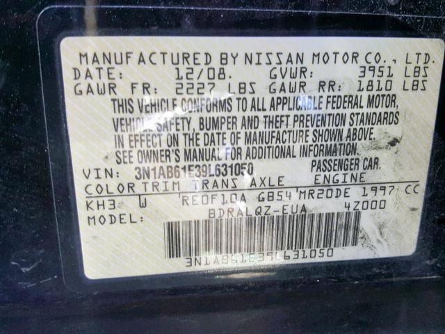 3N1AB61E39L631050 - 2009 NISSAN SENTRA 2.0 BLACK photo 10