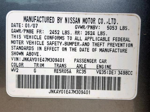 JNKAY01E47M309401 - 2007 INFINITI M35 BASE GRAY photo 10