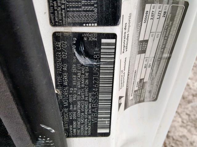 WBABS53462JU92381 - 2002 BMW 330 CI WHITE photo 10