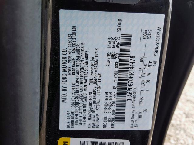 3FA6P0G70HR144478 - 2017 FORD FUSION S  photo 10