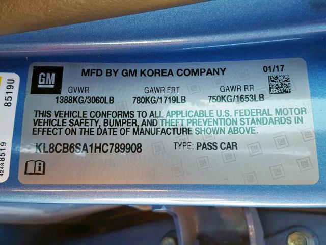 KL8CB6SA1HC789908 - 2017 CHEVROLET SPARK LS BLUE photo 10