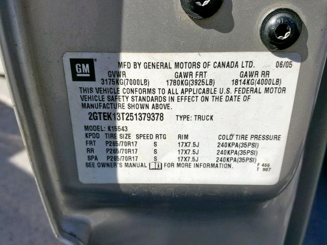 2GTEK13T251379378 - 2005 GMC NEW SIERRA SILVER photo 10