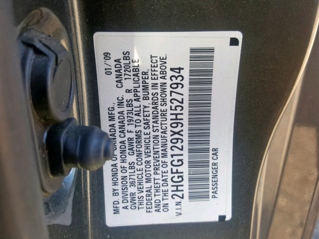 2HGFG129X9H527934 - 2009 HONDA CIVIC EXL GRAY photo 10