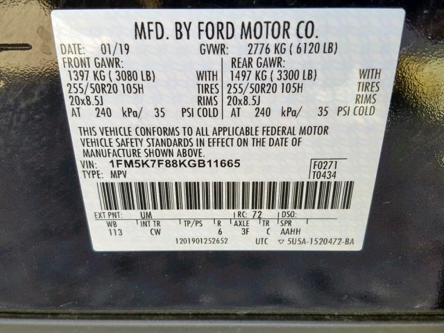 1FM5K7F88KGB11665 - 2019 FORD EXPLORER L BLACK photo 10