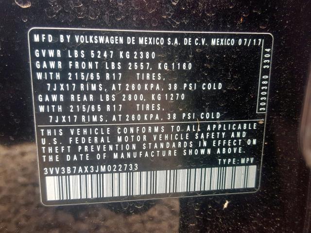 3VV3B7AX3JM022733 - 2018 VOLKSWAGEN TIGUAN SE BLACK photo 10