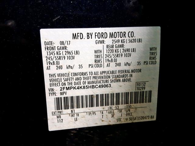 2FMPK4K85HBC49063 - 2017 FORD EDGE TITAN BLUE photo 10