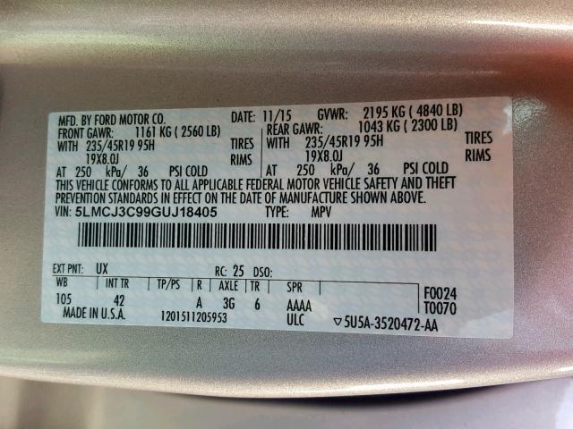 5LMCJ3C99GUJ18405 - 2016 LINCOLN MKC RESERV SILVER photo 10