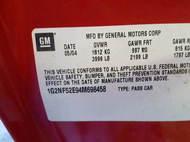 1G2NF52E94M698458 - 2004 PONTIAC GRAND AM S RED photo 10