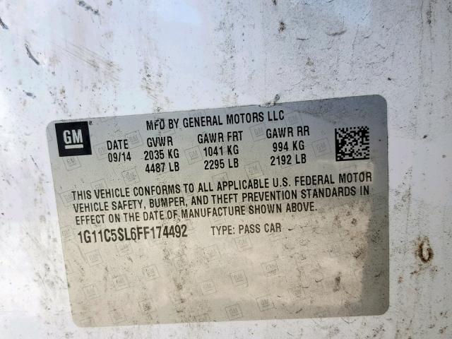 1G11C5SL6FF174492 - 2015 CHEVROLET MALIBU 1LT WHITE photo 10