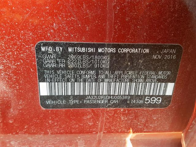 JA32U2FU3HU005389 - 2017 MITSUBISHI LANCER ES RED photo 10