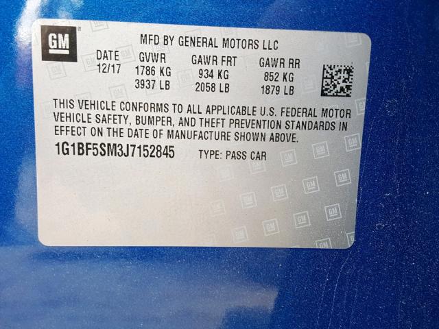 1G1BF5SM3J7152845 - 2018 CHEVROLET CRUZE PREM BLUE photo 10