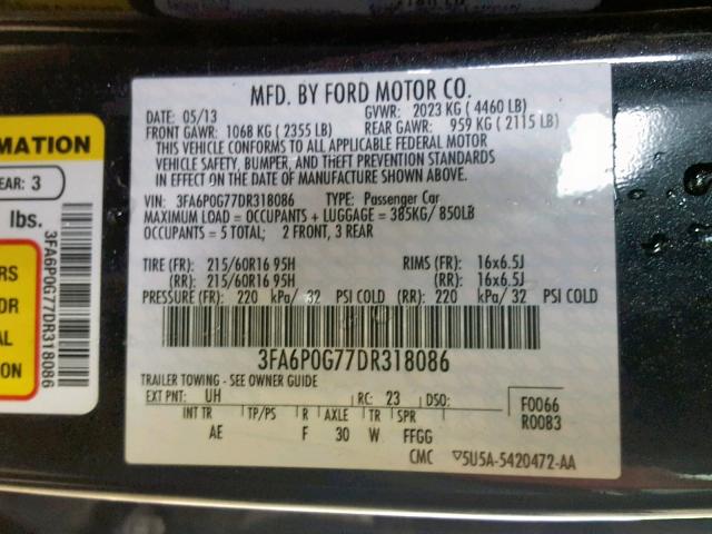 3FA6P0G77DR318086 - 2013 FORD FUSION S BLACK photo 10