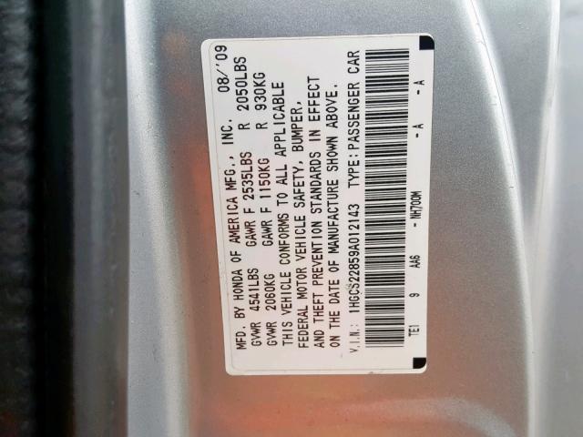 1HGCS22859A012143 - 2009 HONDA ACCORD EXL SILVER photo 10