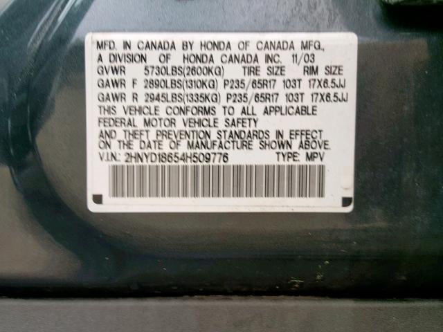 2HNYD18654H509776 - 2004 ACURA MDX TOURIN GRAY photo 10