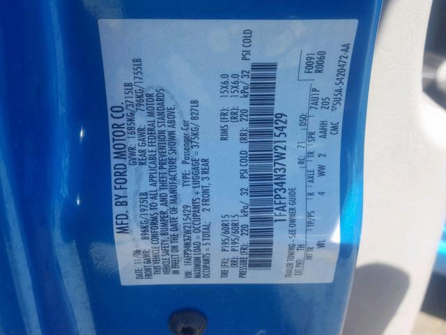 1FAFP34N37W215429 - 2007 FORD FOCUS ZX4 BLUE photo 10